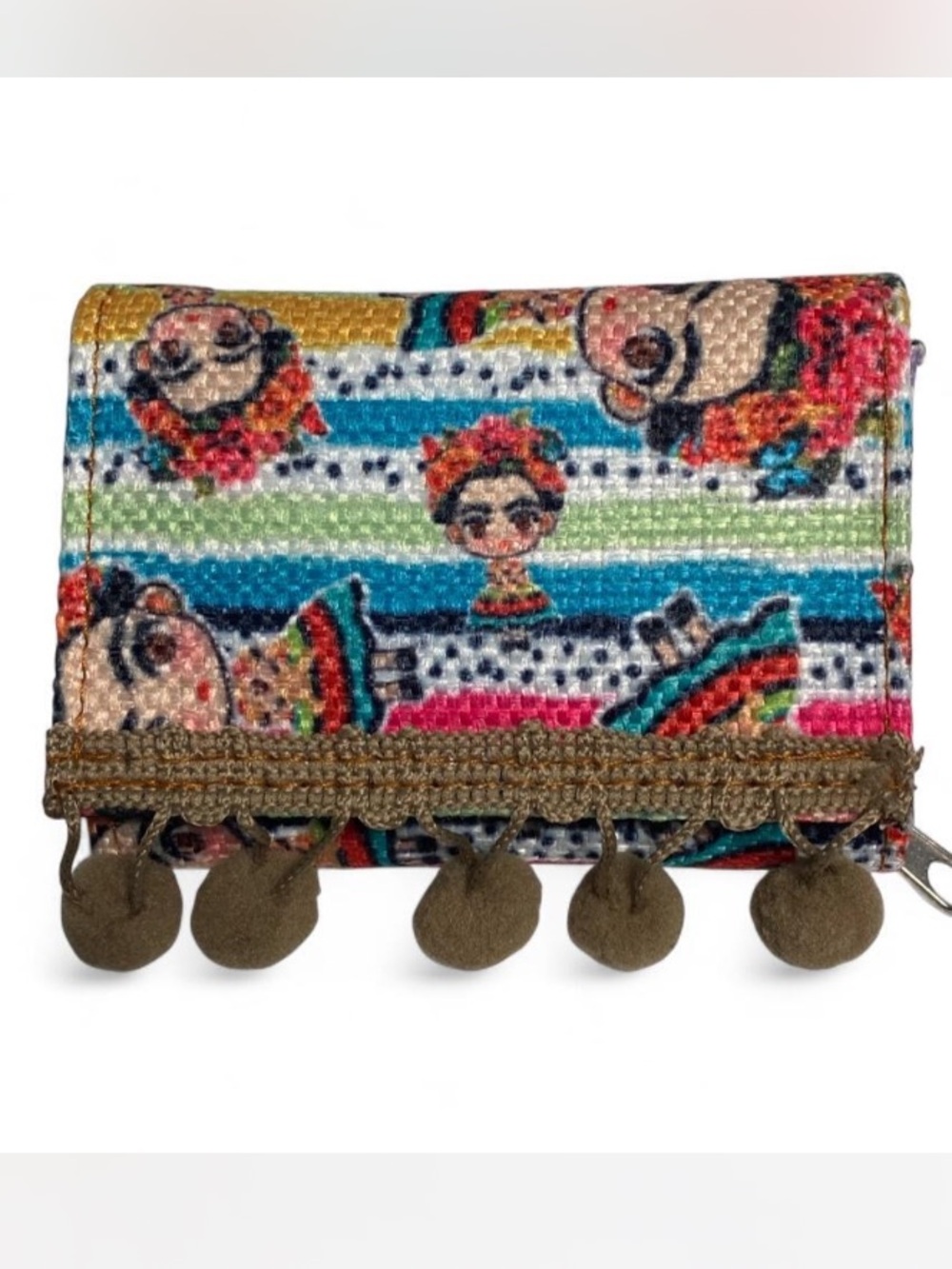 Frida Kahlo Artisanal Tri-Fold Wallet With Pom Poms